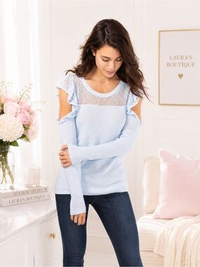 LC LAUREN CONRAD Sweater Ruffle Cold-Shoulder Eyelet Lace Blue